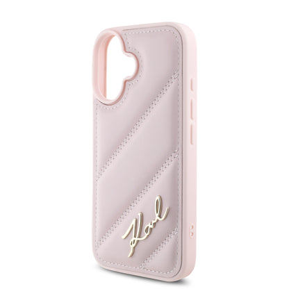 Case Karl Acolchado Logo Metal iPhone 16 Rosa - Funda de lujo con logo metálico