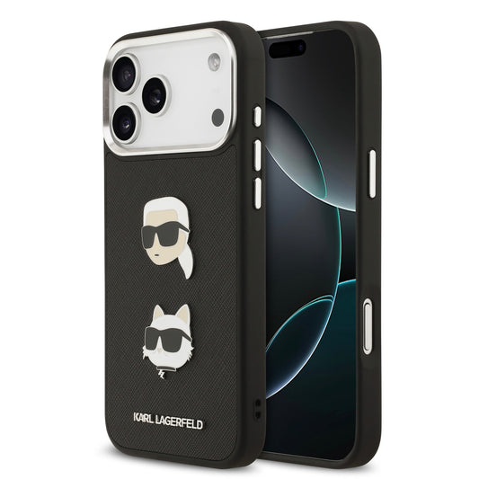 Funda Karl Lagerfeld de Piel Granulada Negra con Pins de Karl & Choupette para iPhone 17 Pro | Case Original de Lujo