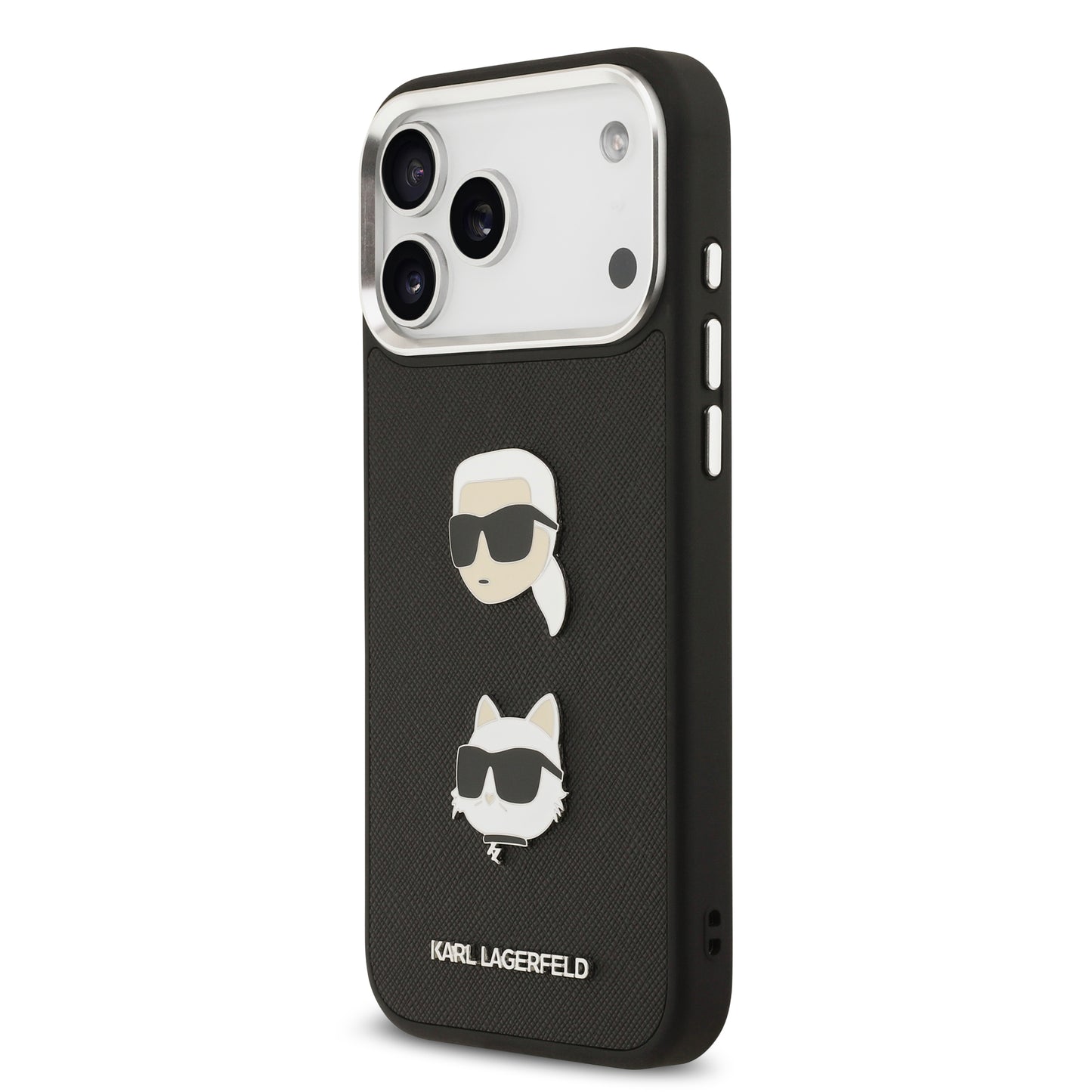 Funda Karl Lagerfeld de Piel Granulada Negra con Pins de Karl & Choupette para iPhone 17 Pro Max | Case Original de Lujo