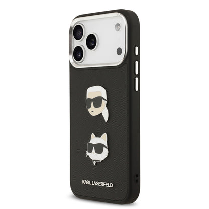 Funda Karl Lagerfeld de Piel Granulada Negra con Pins de Karl & Choupette para iPhone 17 Pro Max | Case Original de Lujo