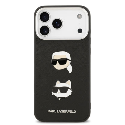 Funda Karl Lagerfeld de Piel Granulada Negra con Pins de Karl & Choupette para iPhone 17 Pro Max | Case Original de Lujo