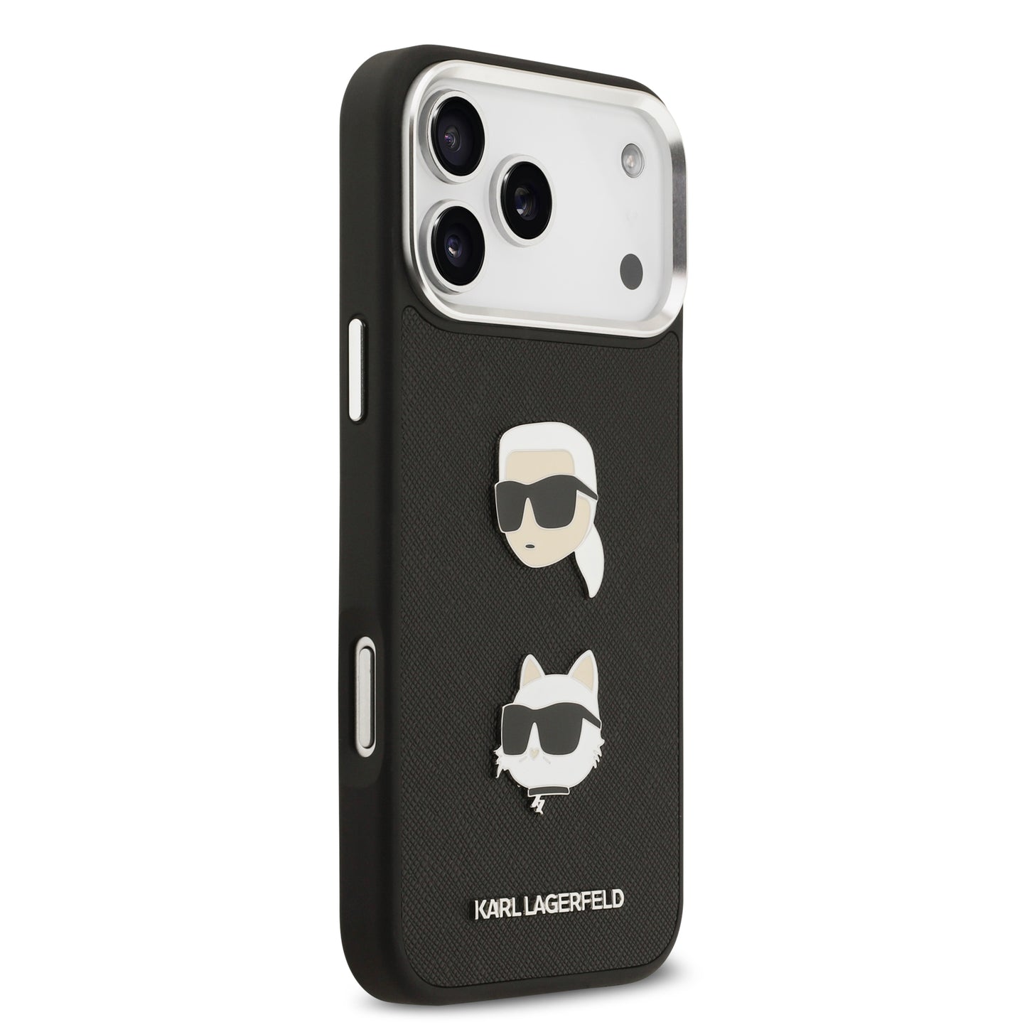 Funda Karl Lagerfeld de Piel Granulada Negra con Pins de Karl & Choupette para iPhone 17 Pro Max | Case Original de Lujo