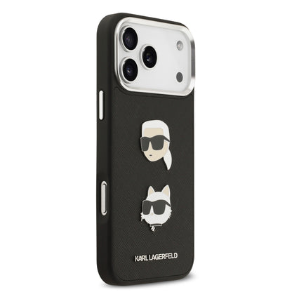 Funda Karl Lagerfeld de Piel Granulada Negra con Pins de Karl & Choupette para iPhone 17 Pro Max | Case Original de Lujo