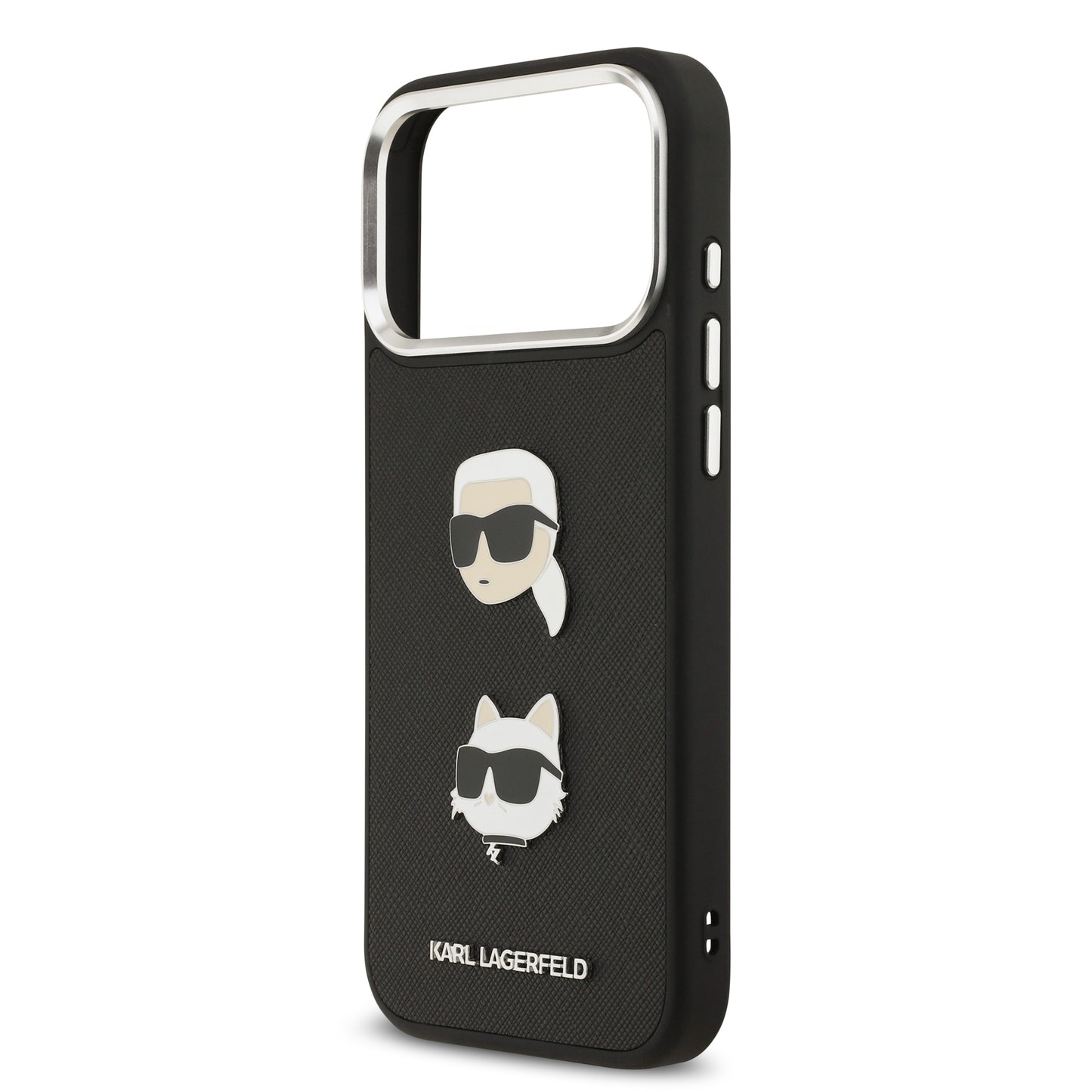 Funda Karl Lagerfeld de Piel Granulada Negra con Pins de Karl & Choupette para iPhone 17 Pro Max | Case Original de Lujo