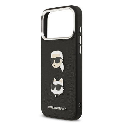 Funda Karl Lagerfeld de Piel Granulada Negra con Pins de Karl & Choupette para iPhone 17 Pro Max | Case Original de Lujo