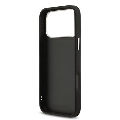 Funda Karl Lagerfeld de Piel Granulada Negra con Pins de Karl & Choupette para iPhone 17 Pro Max | Case Original de Lujo
