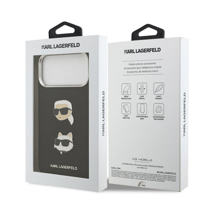 Funda Karl Lagerfeld de Piel Granulada Negra con Pins de Karl & Choupette para iPhone 17 Pro Max | Case Original de Lujo