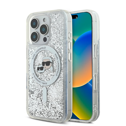 Case Karl Glitter Líquido MagSafe K&C iPhone 16 Pro Plata - Funda Brillante con Estilo