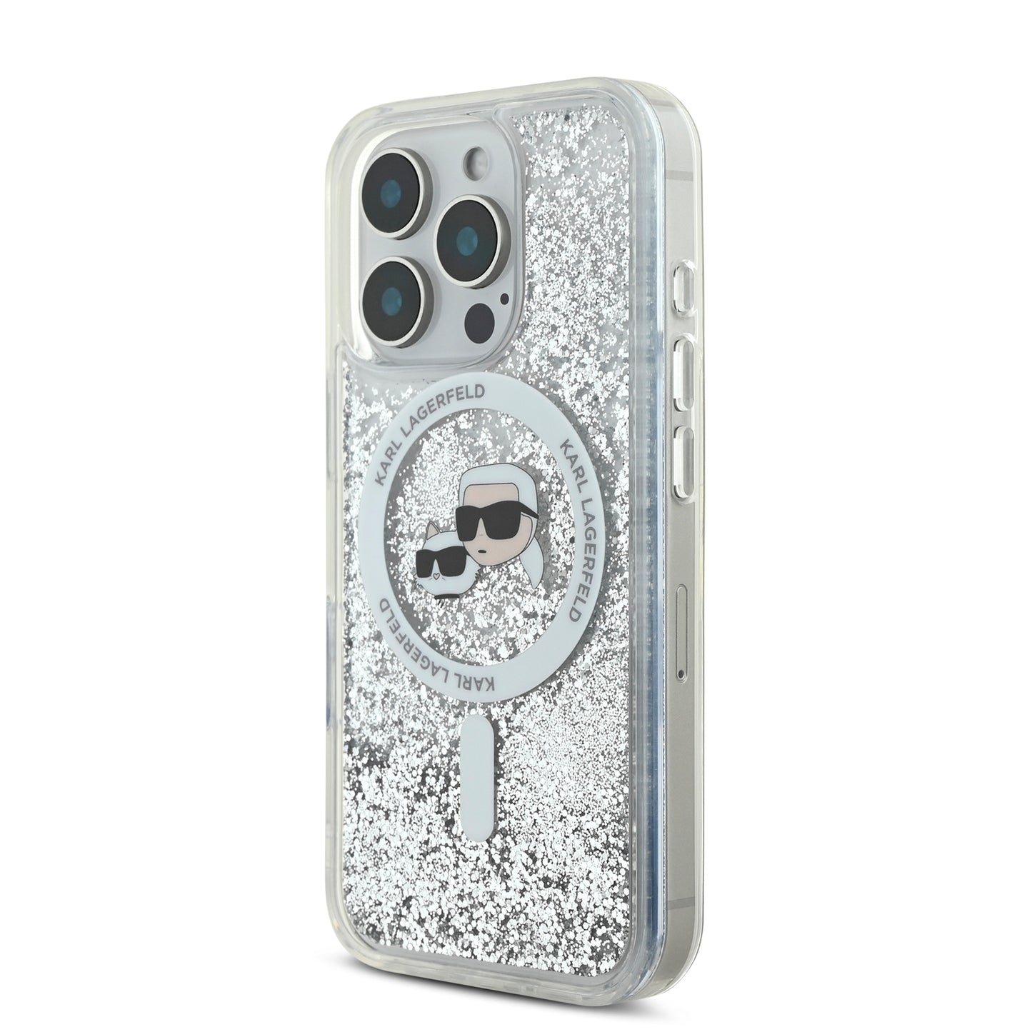 Case Karl Glitter Líquido MagSafe K&C iPhone 16 Pro Plata - Funda Brillante con Estilo