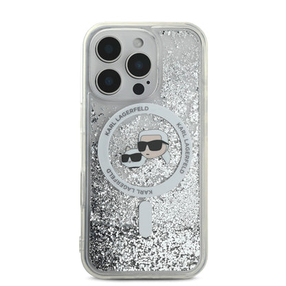 Case Karl Glitter Líquido MagSafe K&C iPhone 16 Pro Plata - Funda Brillante con Estilo