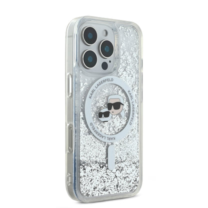 Case Karl Glitter Líquido MagSafe K&C iPhone 16 Pro Plata - Funda Brillante con Estilo