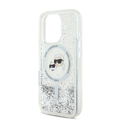 Case Karl Glitter Líquido MagSafe K&C iPhone 16 Pro Plata - Funda Brillante con Estilo