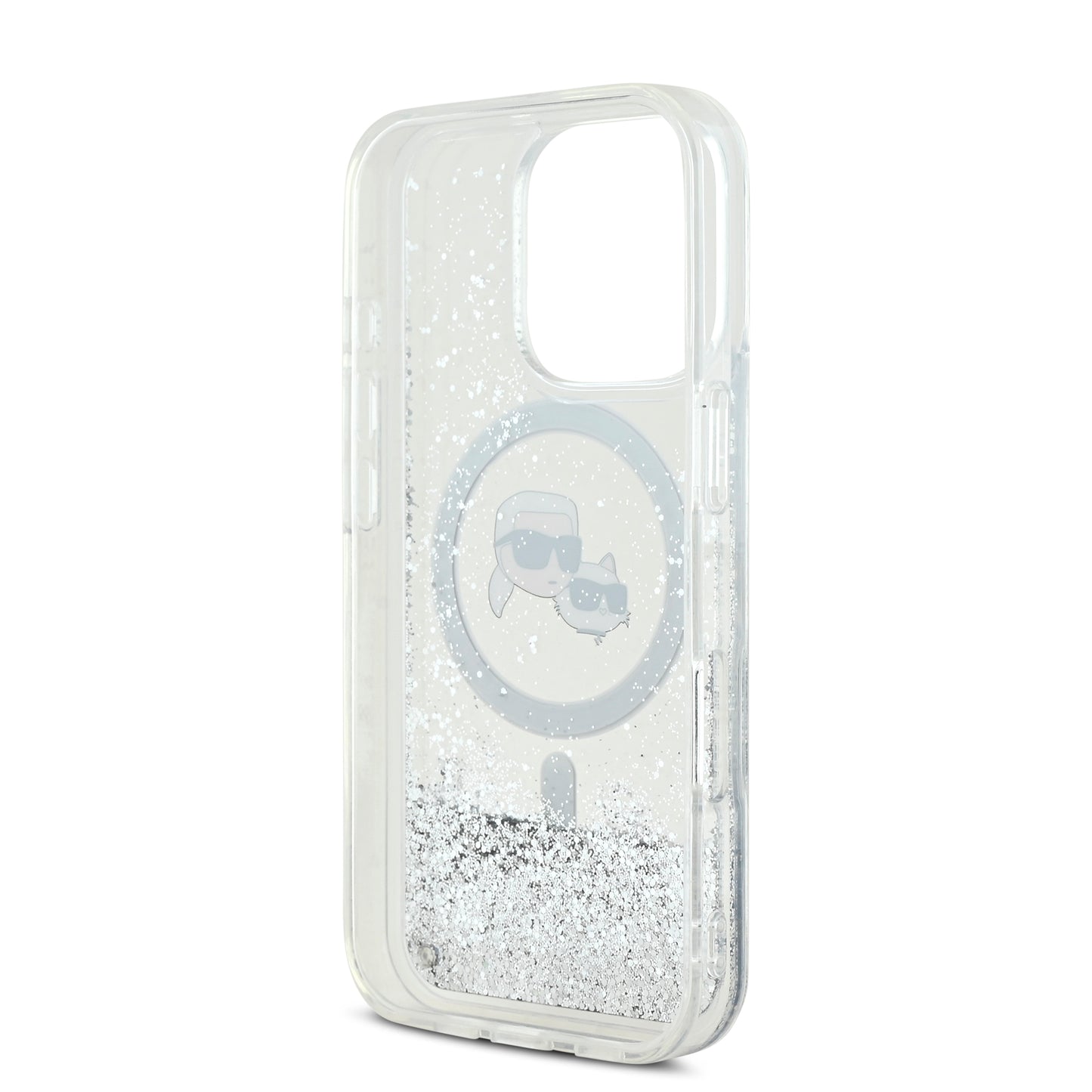 Case Karl Glitter Líquido MagSafe K&C iPhone 16 Pro Plata - Funda Brillante con Estilo