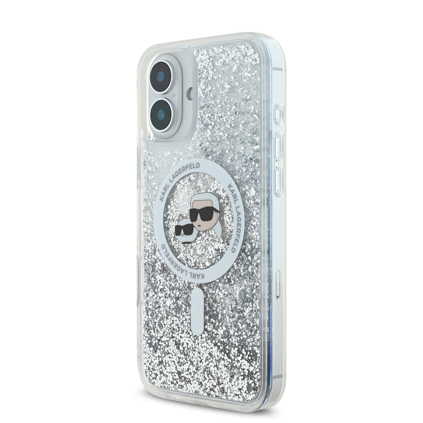 Case Karl Glitter Líquido MGSF K&C para iPhone 16 - Transparente y Sofisticado