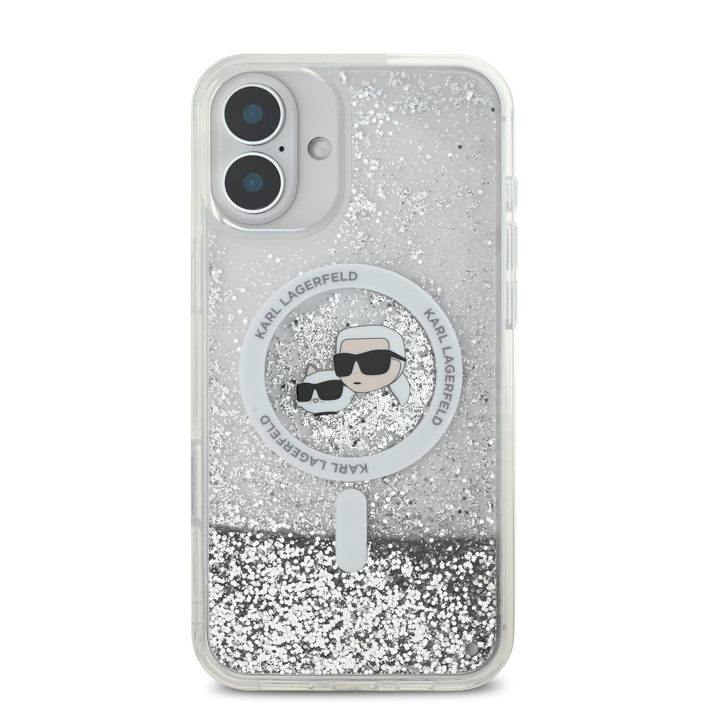 Case Karl Glitter Líquido MGSF K&C para iPhone 16 - Transparente y Sofisticado