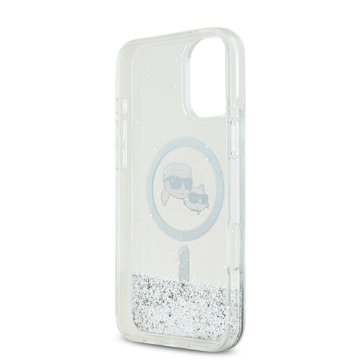 Case Karl Glitter Líquido MGSF K&C para iPhone 16 - Transparente y Sofisticado