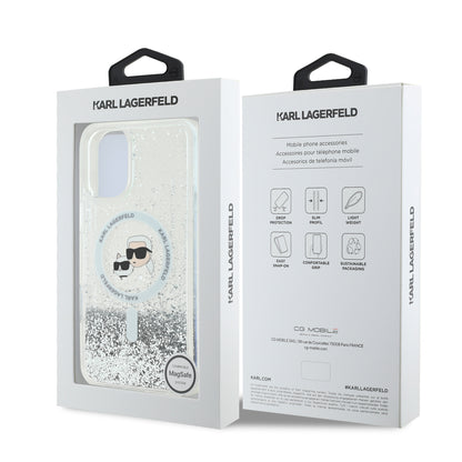 Case Karl Glitter Líquido MGSF K&C para iPhone 16 - Transparente y Sofisticado