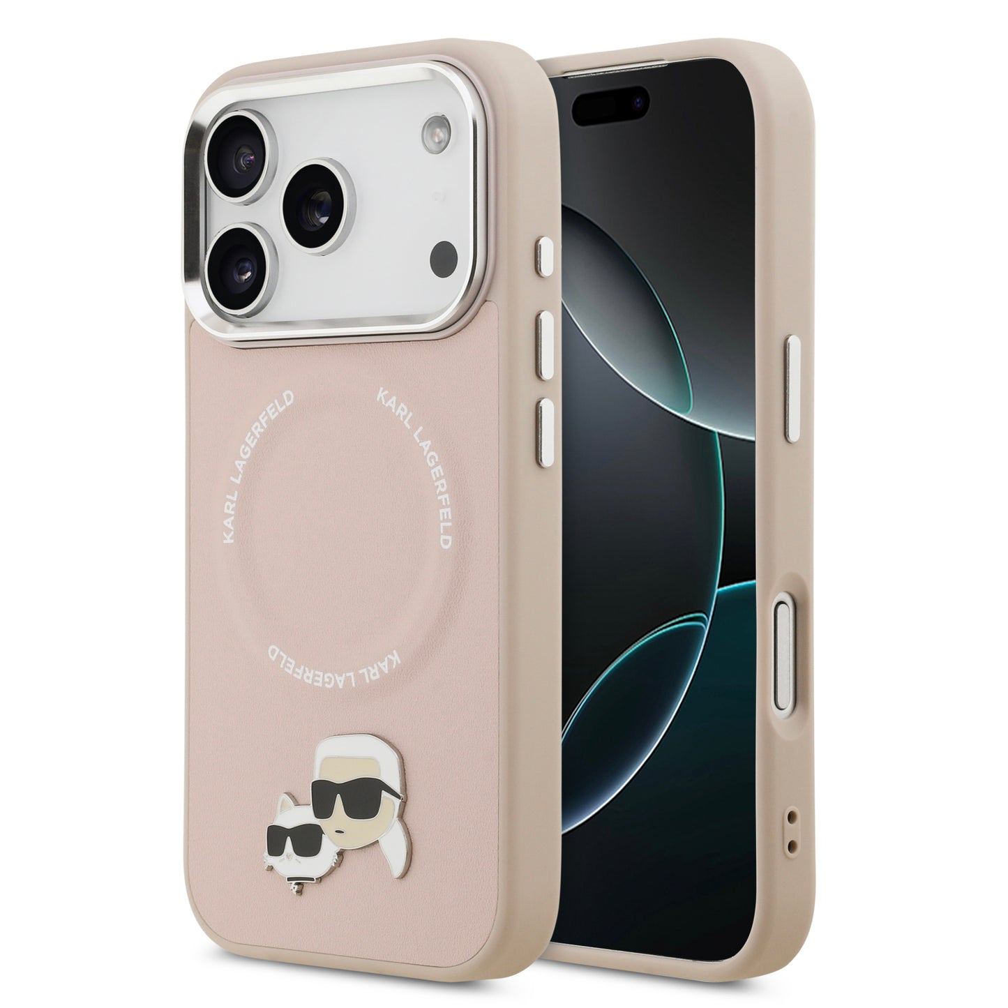 Funda Karl Lagerfeld MagSafe Rosa con Pins de Karl & Choupette para iPhone 17 Pro | Case Original de Lujo