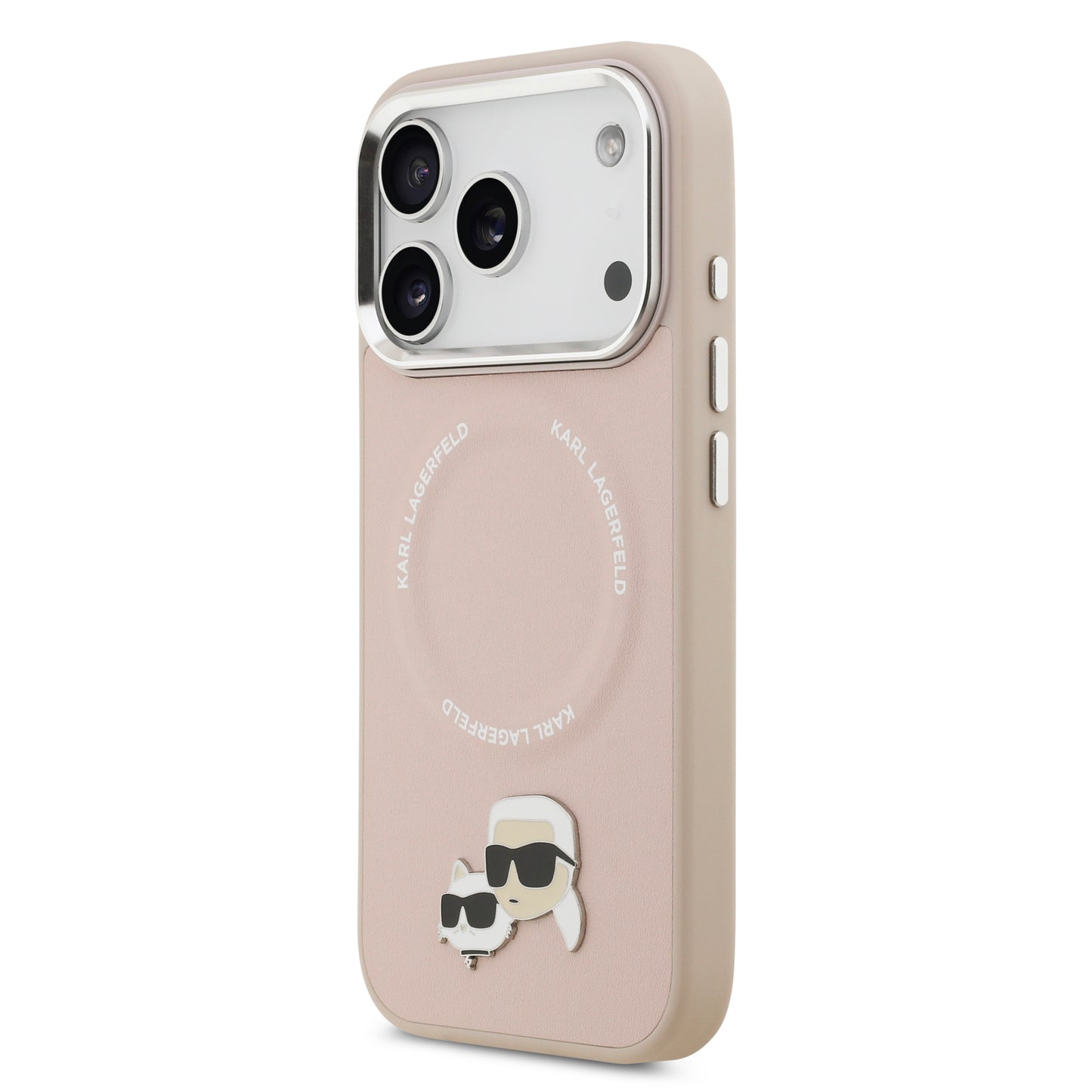 Funda Karl Lagerfeld MagSafe Rosa con Pins de Karl & Choupette para iPhone 17 Pro | Case Original de Lujo