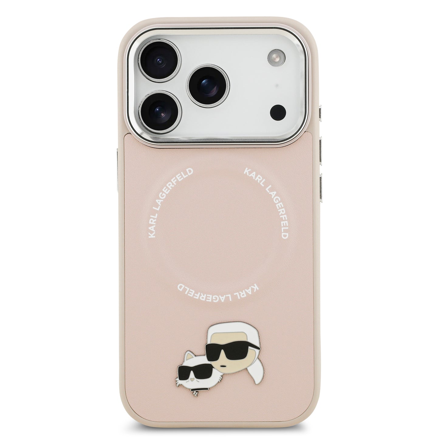 Funda Karl Lagerfeld MagSafe Rosa con Pins de Karl & Choupette para iPhone 17 Pro | Case Original de Lujo