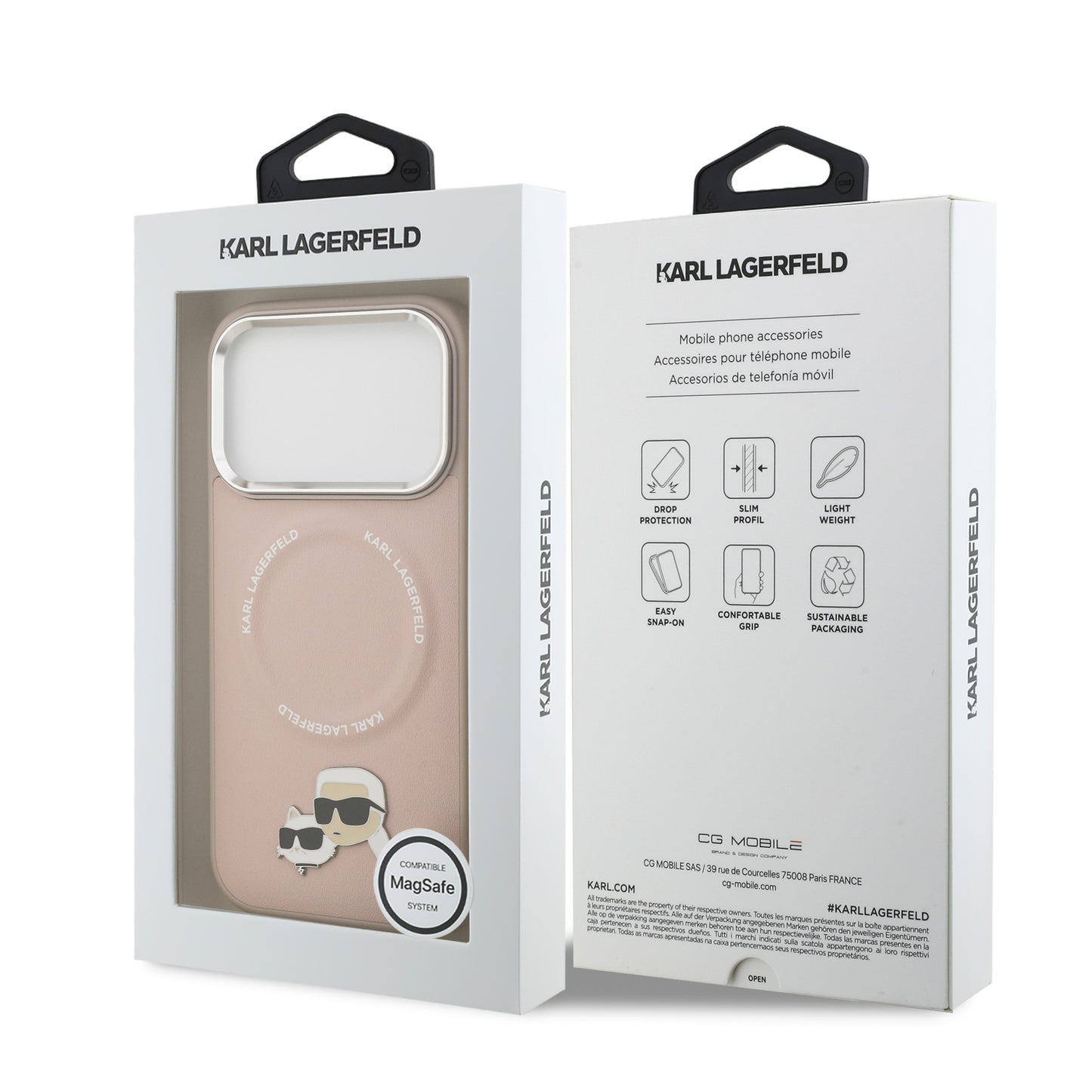 Funda Karl Lagerfeld MagSafe Rosa con Pins de Karl & Choupette para iPhone 17 Pro | Case Original de Lujo