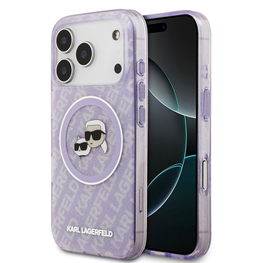 Funda Karl Lagerfeld MagSafe con Glitter y Logos Karl & Choupette para iPhone 17 Pro - Morado | Case Original