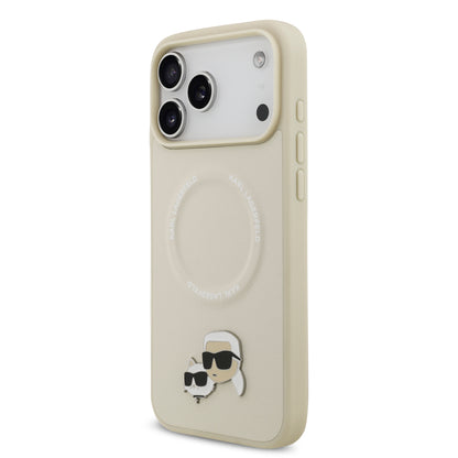 Funda Karl Lagerfeld MagSafe de Piel con Pins de Karl & Choupette para iPhone 17 Pro Max - Beige | Case Original de Lujo