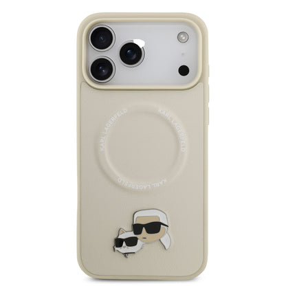 Funda Karl Lagerfeld MagSafe de Piel con Pins de Karl & Choupette para iPhone 17 Pro Max - Beige | Case Original de Lujo