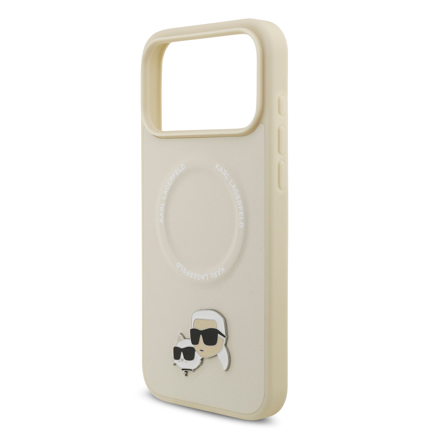 Funda Karl Lagerfeld MagSafe de Piel con Pins de Karl & Choupette para iPhone 17 Pro Max - Beige | Case Original de Lujo