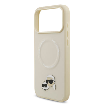 Funda Karl Lagerfeld MagSafe de Piel con Pins de Karl & Choupette para iPhone 17 Pro Max - Beige | Case Original de Lujo