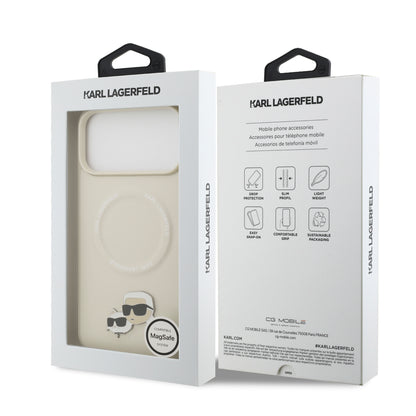 Funda Karl Lagerfeld MagSafe de Piel con Pins de Karl & Choupette para iPhone 17 Pro Max - Beige | Case Original de Lujo