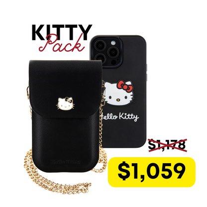 Case Hello Kitty Logo Completo iPhone 15 Pro Max + Wallet Hello Kitty Logo Cara Metálico con Cadena