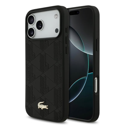Funda Lacoste MagSafe de Piel Negra con Monograma y Logo Dorado para iPhone 17 Pro - Case Original de Lujo