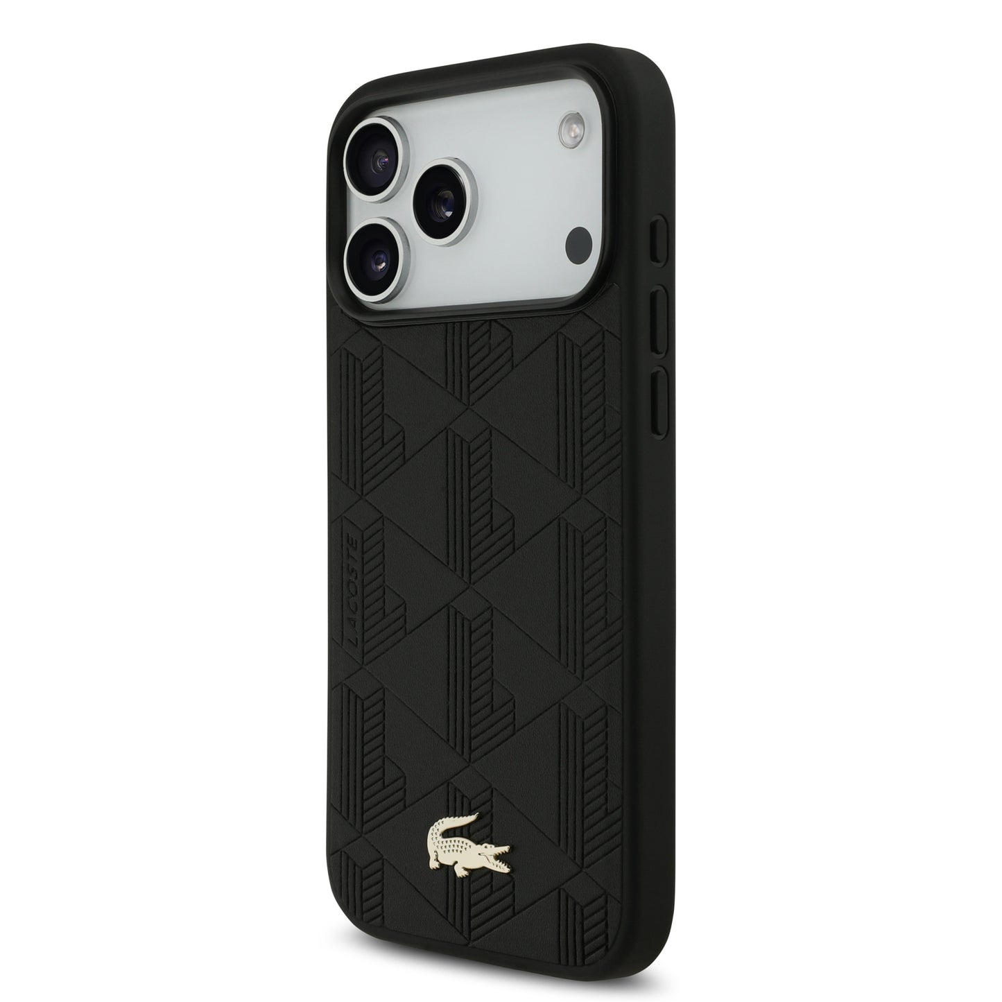 Funda Lacoste MagSafe de Piel Negra con Monograma y Logo Dorado para iPhone 17 Pro - Case Original de Lujo