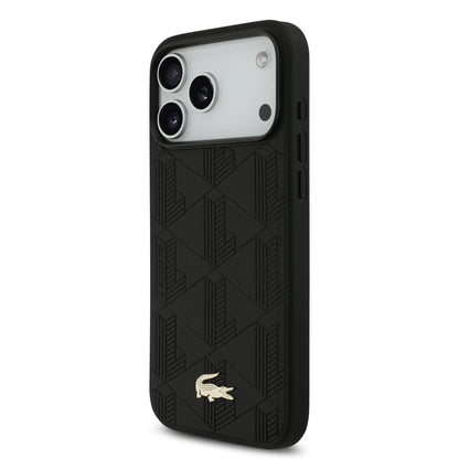 Funda Lacoste MagSafe de Piel Negra con Monograma y Logo Dorado para iPhone 17 Pro - Case Original de Lujo