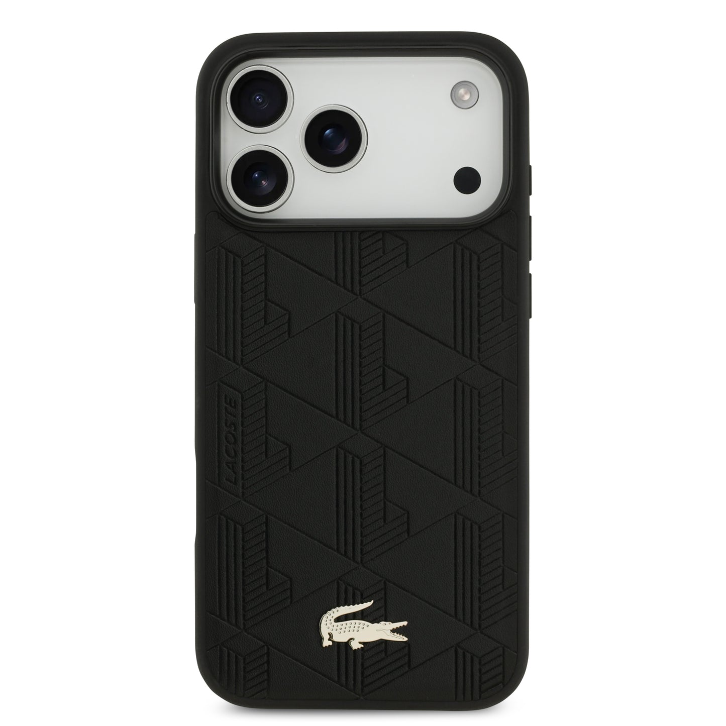 Funda Lacoste MagSafe de Piel Negra con Monograma y Logo Dorado para iPhone 17 Pro - Case Original de Lujo