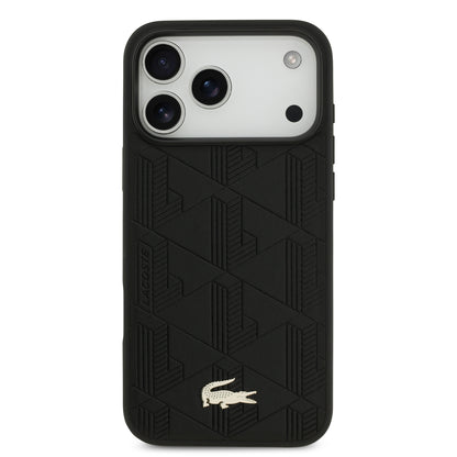 Funda Lacoste MagSafe de Piel Negra con Monograma y Logo Dorado para iPhone 17 Pro - Case Original de Lujo