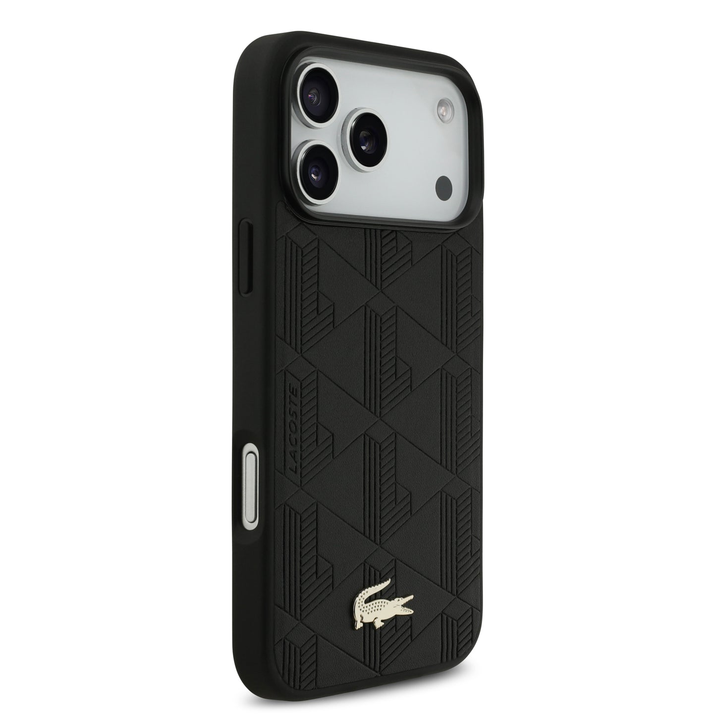 Funda Lacoste MagSafe de Piel Negra con Monograma y Logo Dorado para iPhone 17 Pro - Case Original de Lujo