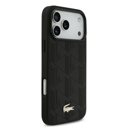 Funda Lacoste MagSafe de Piel Negra con Monograma y Logo Dorado para iPhone 17 Pro - Case Original de Lujo