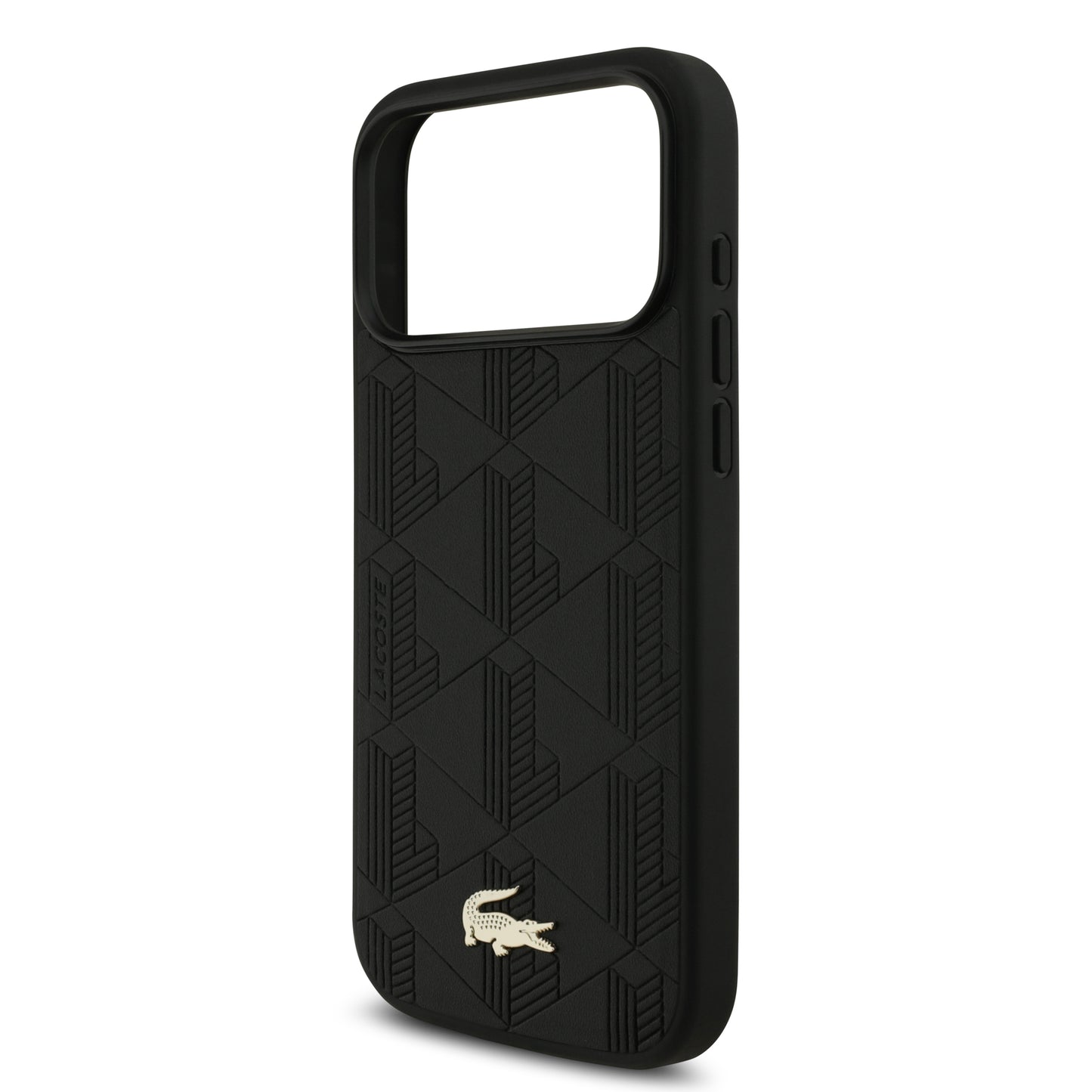 Funda Lacoste MagSafe de Piel Negra con Monograma y Logo Dorado para iPhone 17 Pro - Case Original de Lujo