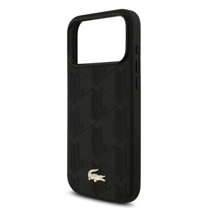 Funda Lacoste MagSafe de Piel Negra con Monograma y Logo Dorado para iPhone 17 Pro - Case Original de Lujo