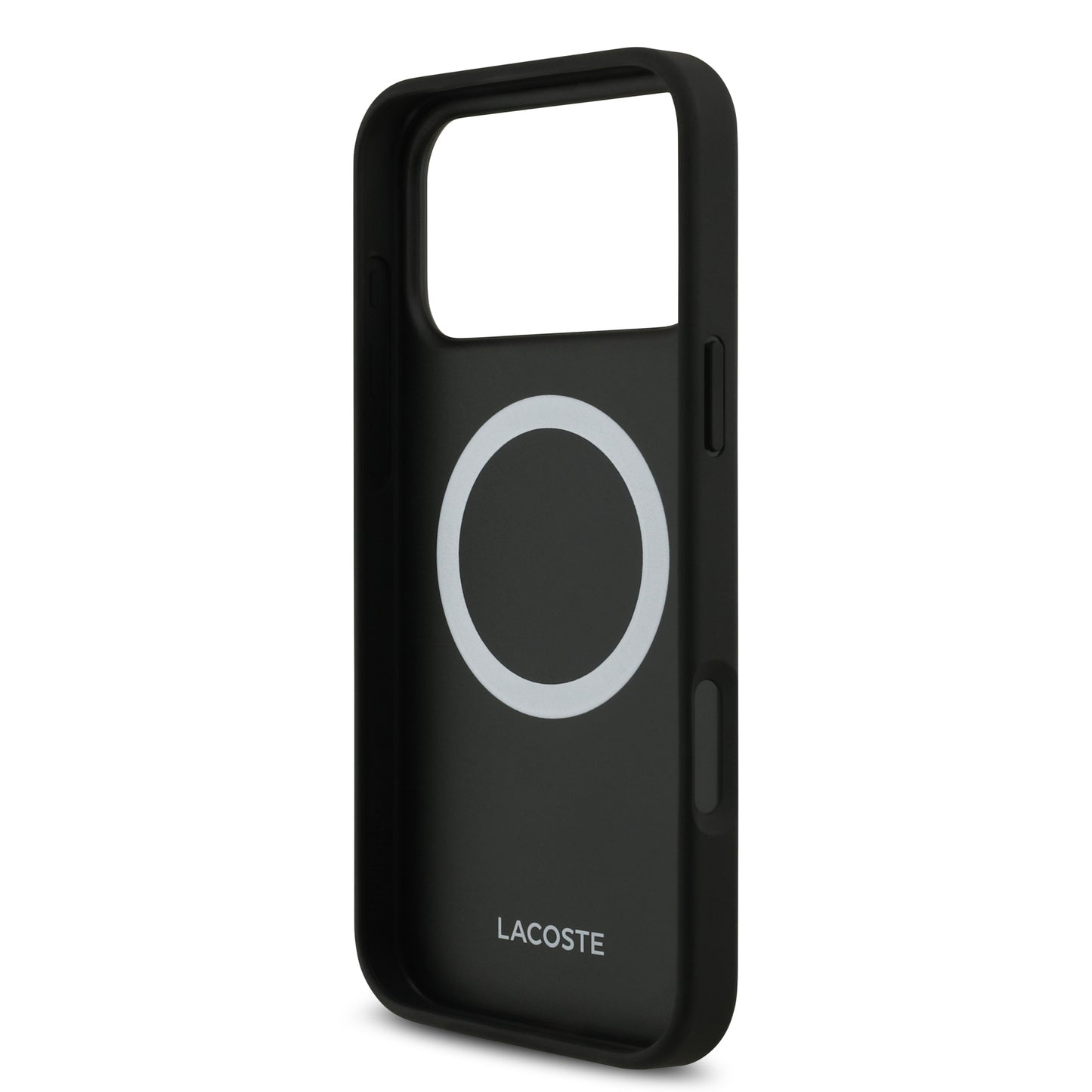 Funda Lacoste MagSafe de Piel Negra con Monograma y Logo Dorado para iPhone 17 Pro Max | Case Original de Lujo