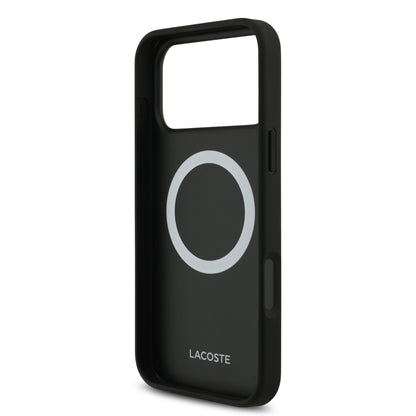 Funda Lacoste MagSafe de Piel Negra con Monograma y Logo Dorado para iPhone 17 Pro Max | Case Original de Lujo