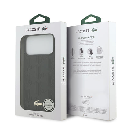 Funda Lacoste MagSafe de Piel Negra con Monograma y Logo Dorado para iPhone 17 Pro - Case Original de Lujo