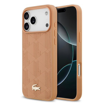 Funda Lacoste MagSafe de Piel Rosa con Monograma y Logo Dorado para iPhone 17 Pro | Case Original de Lujo