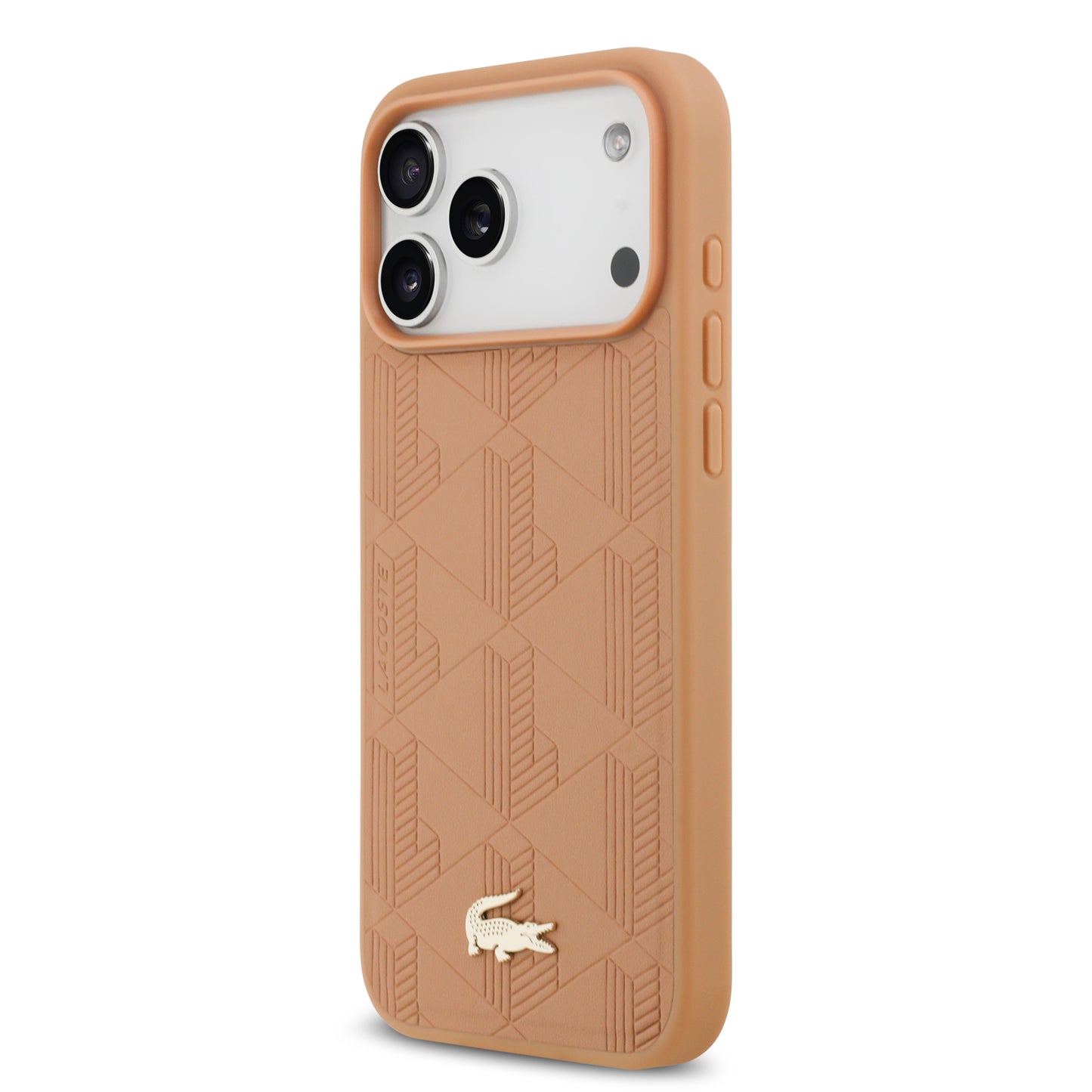 Funda Lacoste MagSafe de Piel Rosa con Monograma y Logo Dorado para iPhone 17 Pro | Case Original de Lujo
