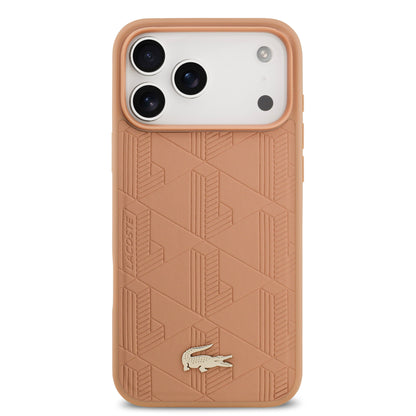 Funda Lacoste MagSafe de Piel Rosa con Monograma y Logo Dorado para iPhone 17 Pro | Case Original de Lujo
