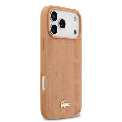 Funda Lacoste MagSafe de Piel Rosa con Monograma y Logo Dorado para iPhone 17 Pro | Case Original de Lujo