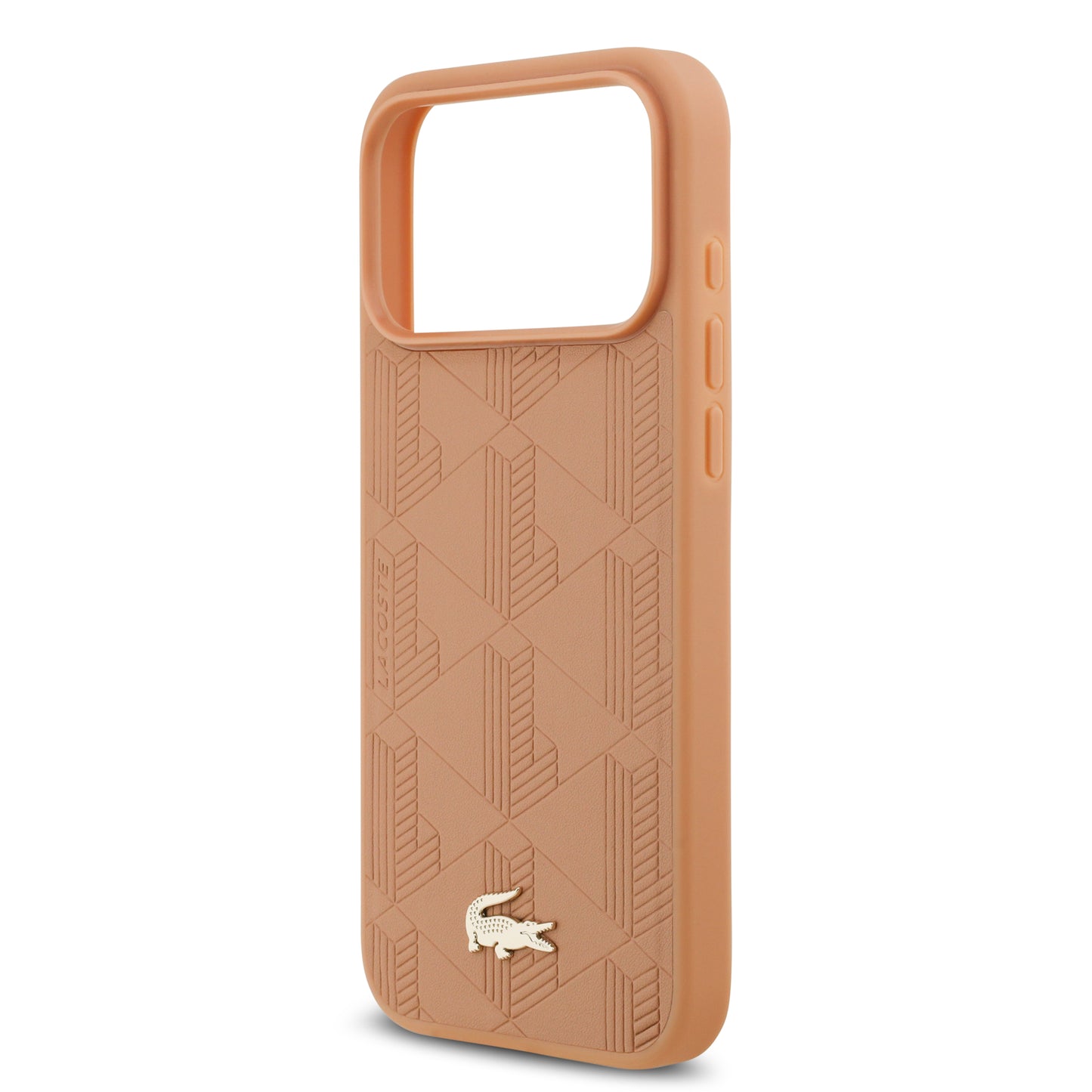 Funda Lacoste MagSafe de Piel Rosa con Monograma y Logo Dorado para iPhone 17 Pro | Case Original de Lujo