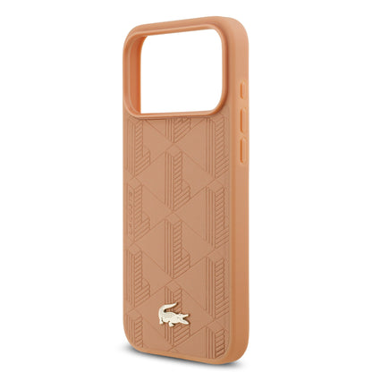 Funda Lacoste MagSafe de Piel Rosa con Monograma y Logo Dorado para iPhone 17 Pro | Case Original de Lujo